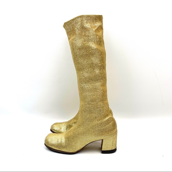 Vintage Shoes - 1960s metallic gold glitter lame fabric gogo boots